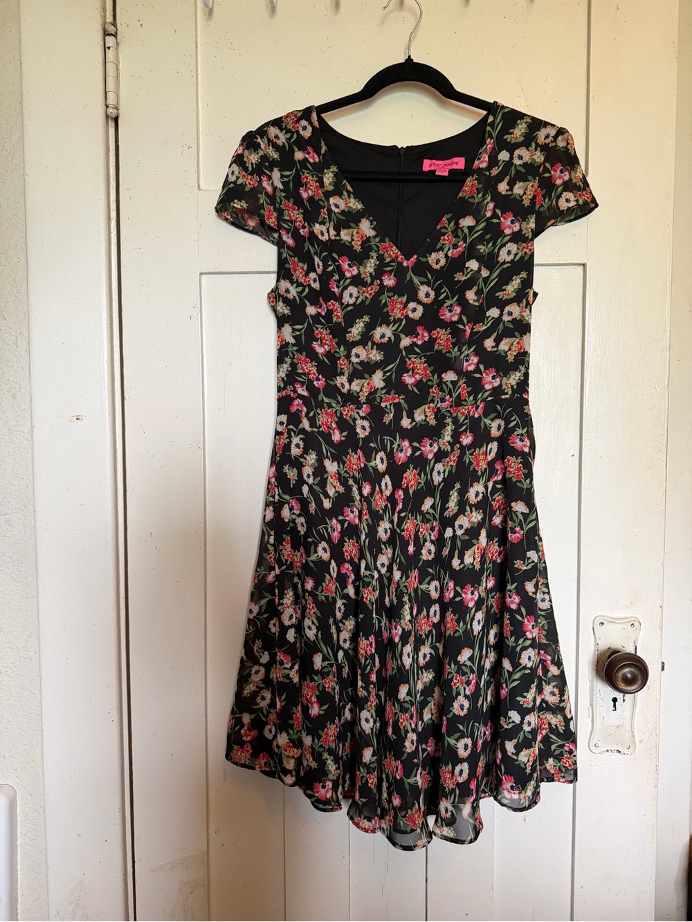 Betsey Johnson Black Dress with Pink Label and Red Floral Accent